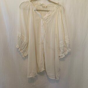 Off-White Pintuck Crinkle Blouse L Flowy Boho Romantic Ruffle Sleeve Top